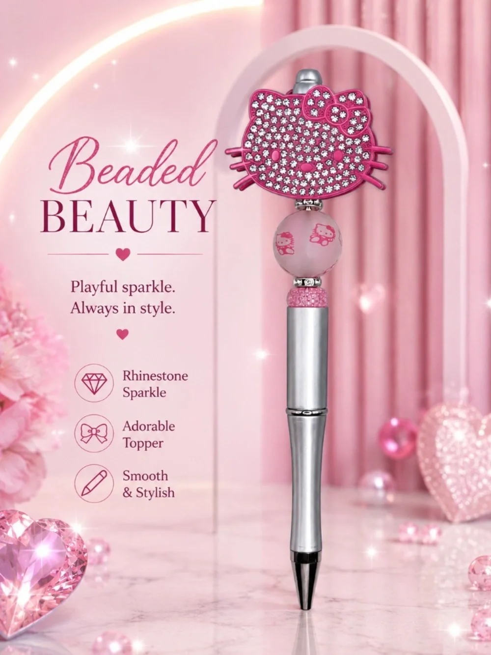 Pink Sparkle Cat Beaded Pen